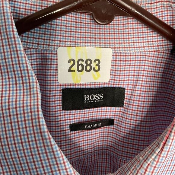 HUGO BOSS BLACK LABEL DRESS SHIRT SHARP FIT SPREAD COLLAR PLAID REDBLUE 17 34/35 - Picture 2 of 10